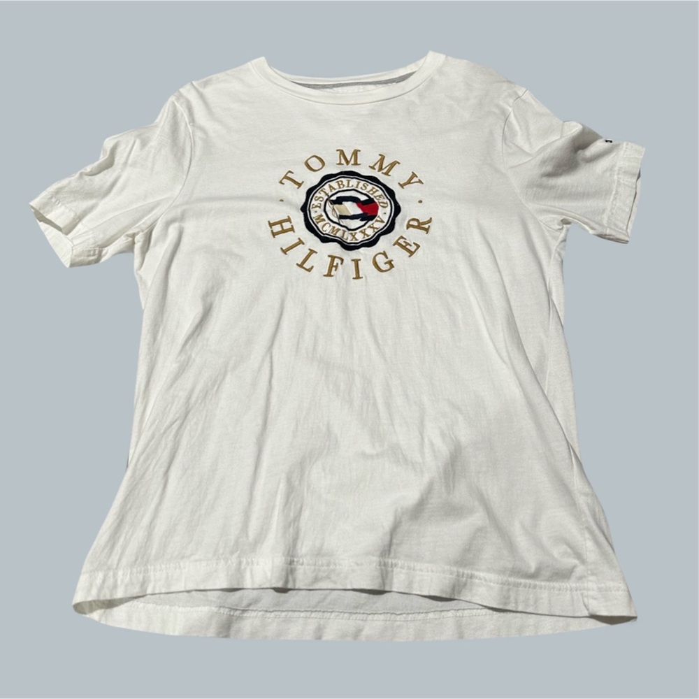 Tommy Hilfiger Women's Medium gold embroidered logo white relaxed fit round neck